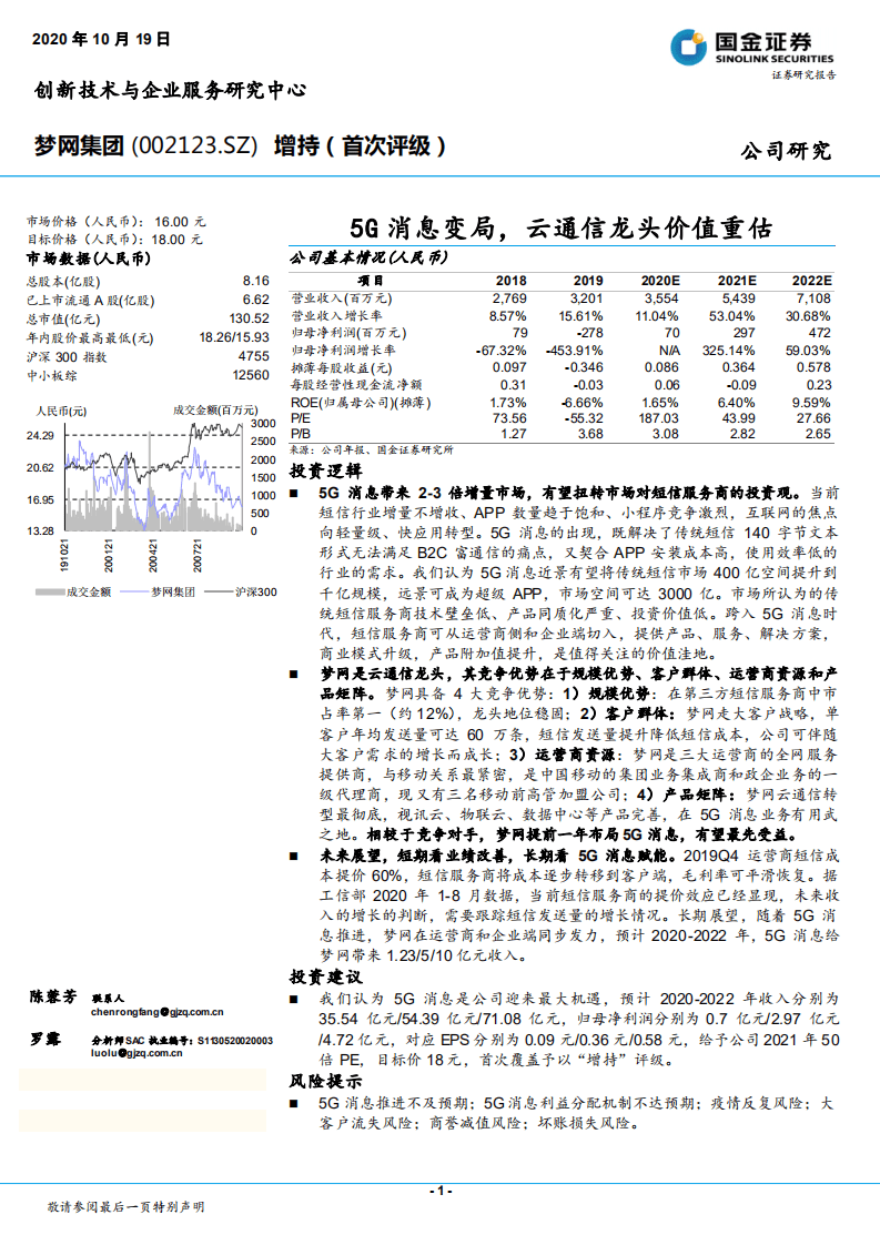 梦网集团-5G消息变局，云通信龙头价值重估-20201019.pdf 第1页