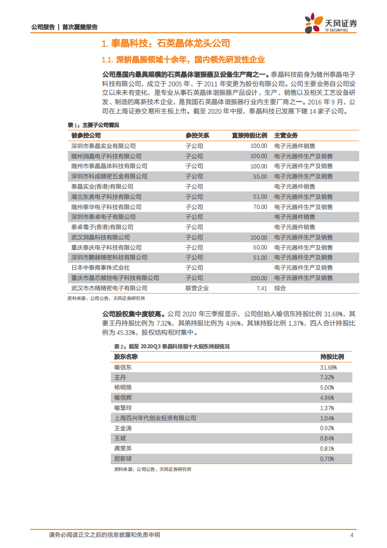 泰晶科技-晶振龙头，5g、IoT、可穿戴下游需求旺盛，中高端加速进口替代-20201117.pdf 第4页