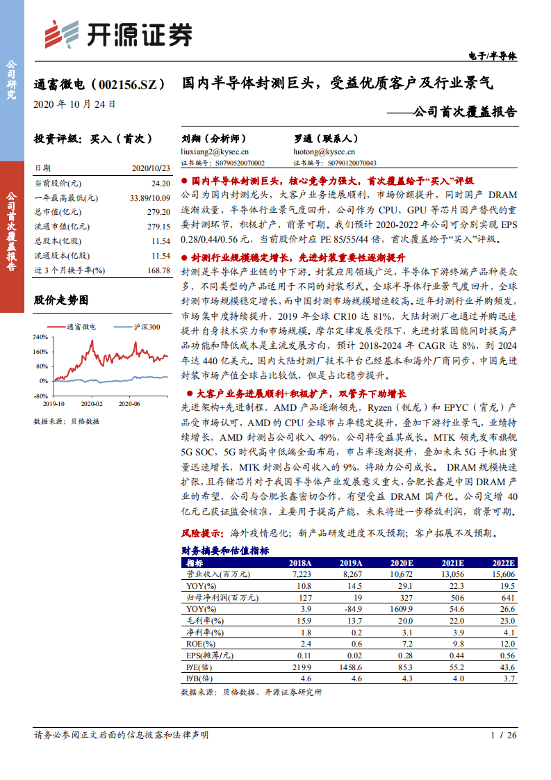 通富微电-公司首次覆盖报告：国内半导体封测巨头，受益优质客户及行业景气-20201024.pdf 第1页