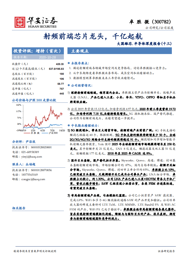 卓胜微-大国雄芯.半导体深度报告（十三）：射频前端芯片龙头，千亿起航-20201028.pdf 第1页