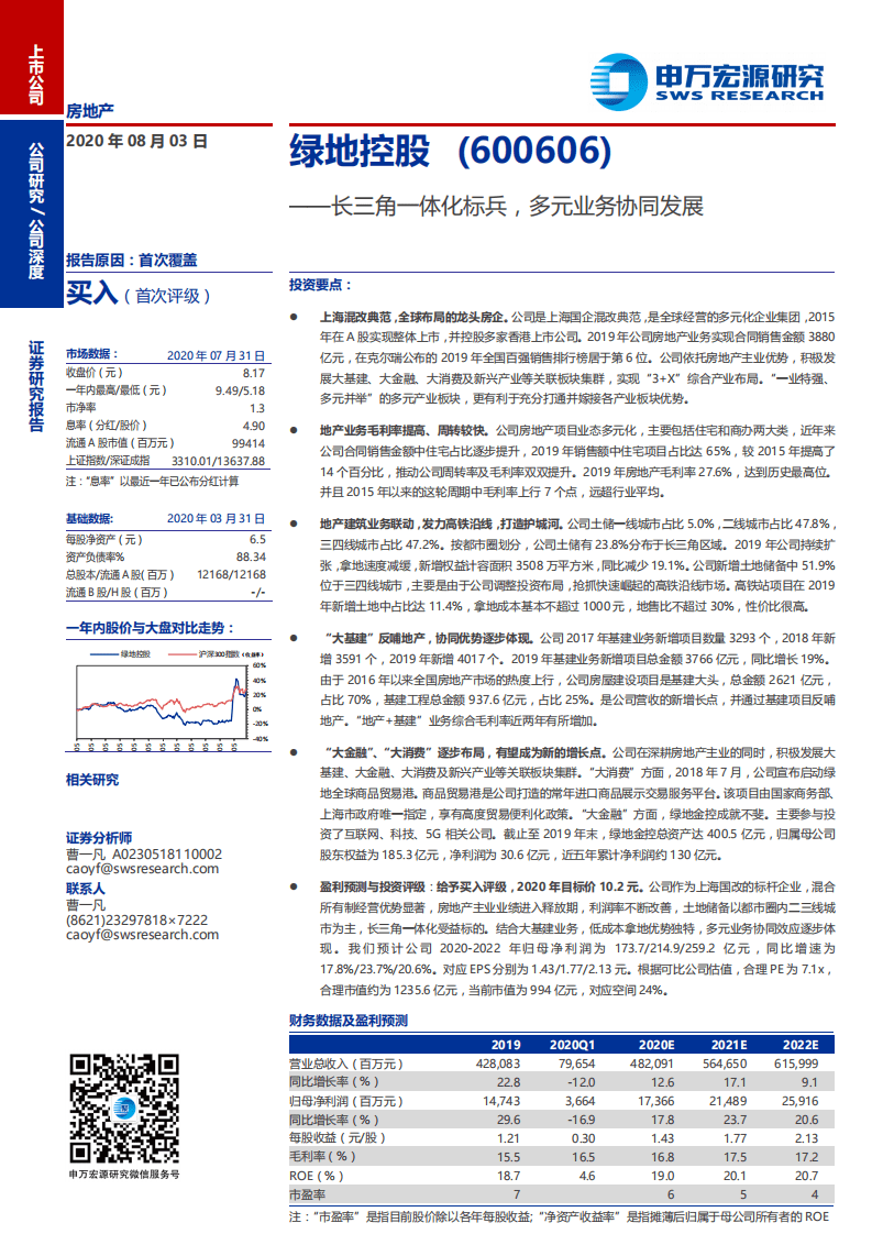 绿地控股-长三角一体化标兵，多元业务协同发展-20200803.pdf 第1页