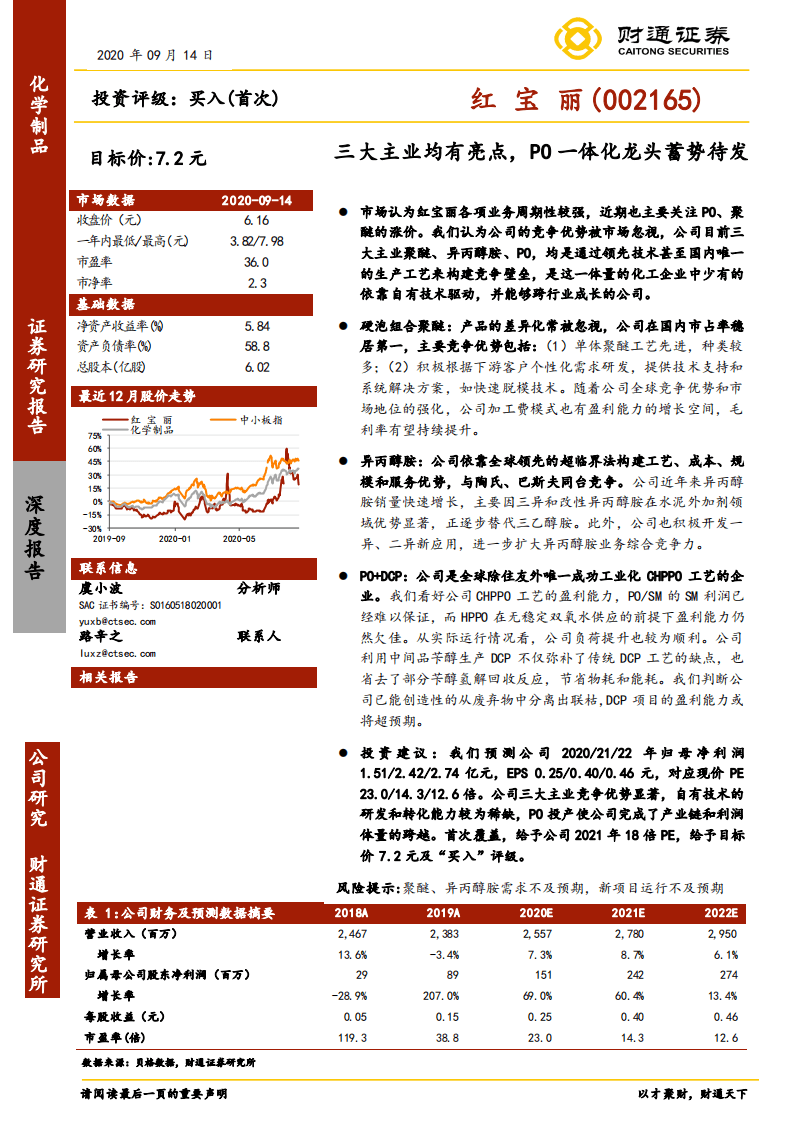 红宝丽-三大主业均有亮点，PO一体化龙头蓄势待发-20200914.pdf 第1页
