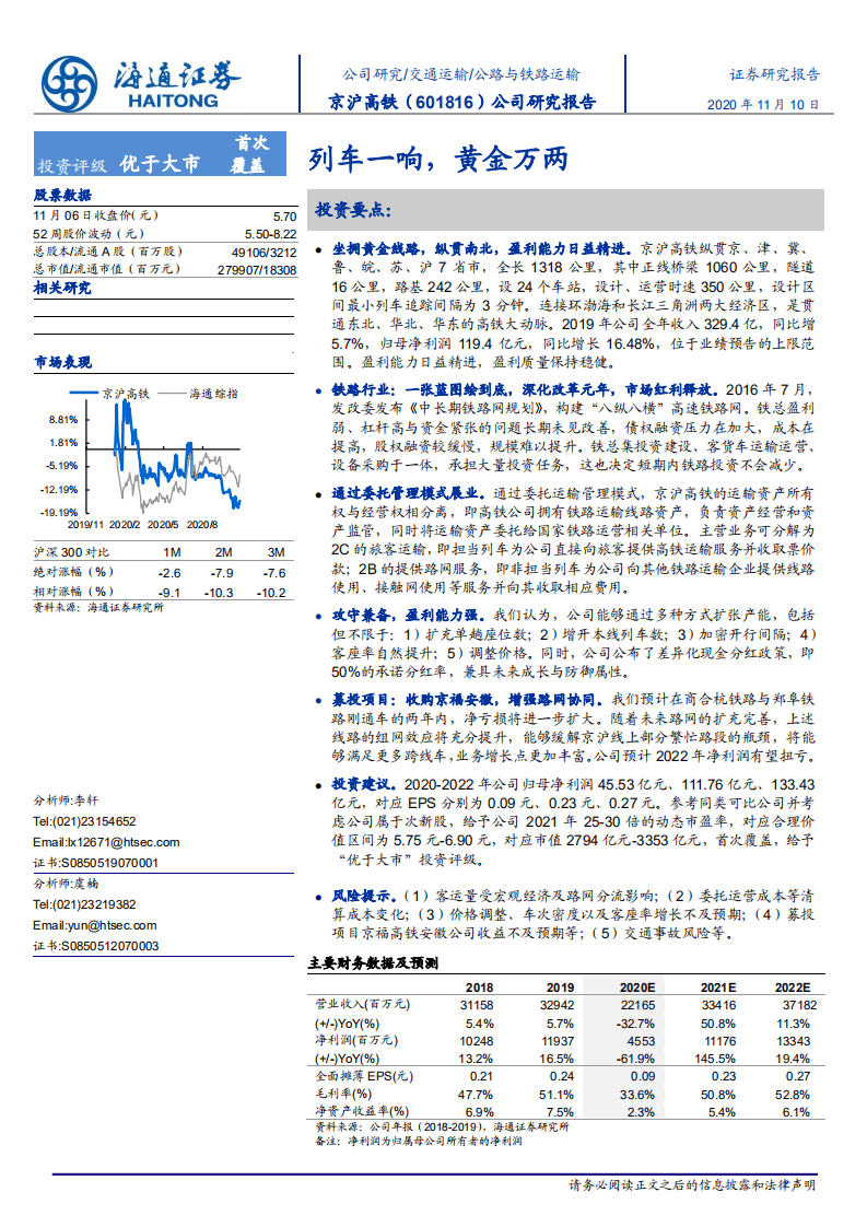 京沪高铁-公司研究报告：列车一响，黄金万两-20201110.pdf 第1页