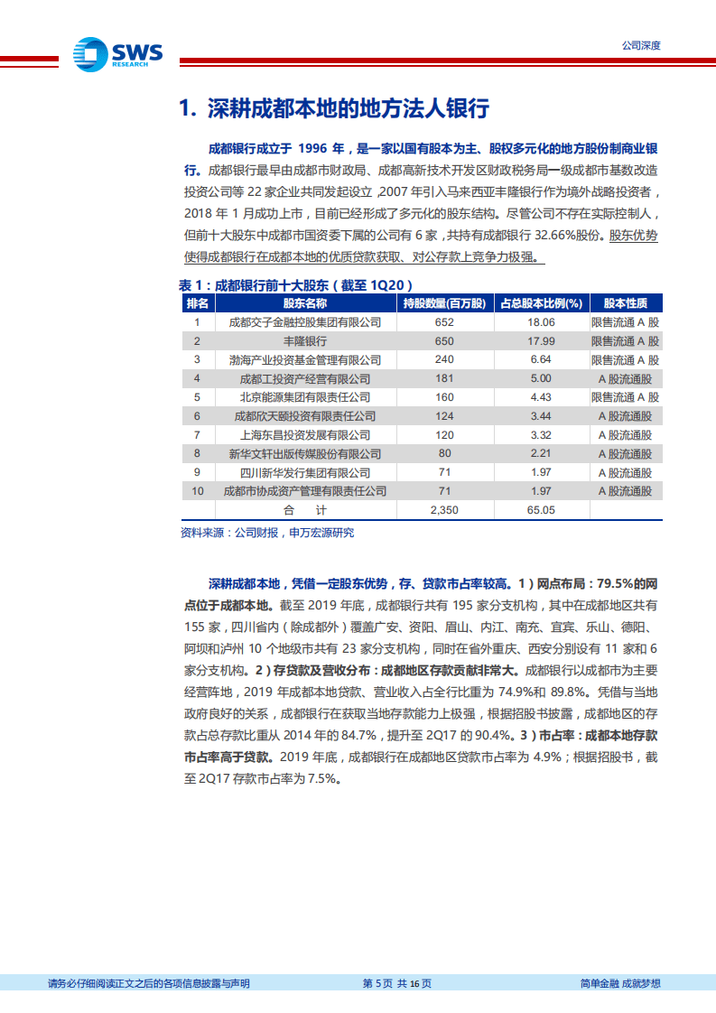 成都银行-区位优势突出，同城独家法人银行-20200810.pdf 第5页
