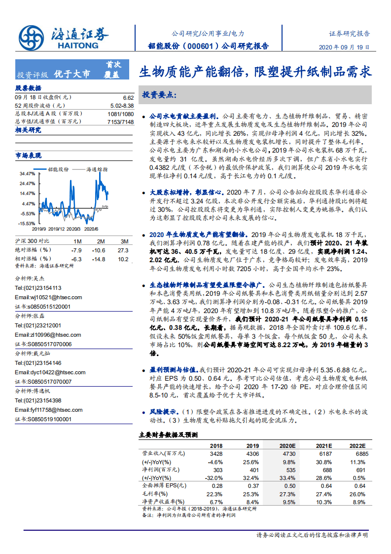 韶能股份-公司研究报告：生物质能产能翻倍，限塑提升纸制品需求-20200919.pdf 第1页