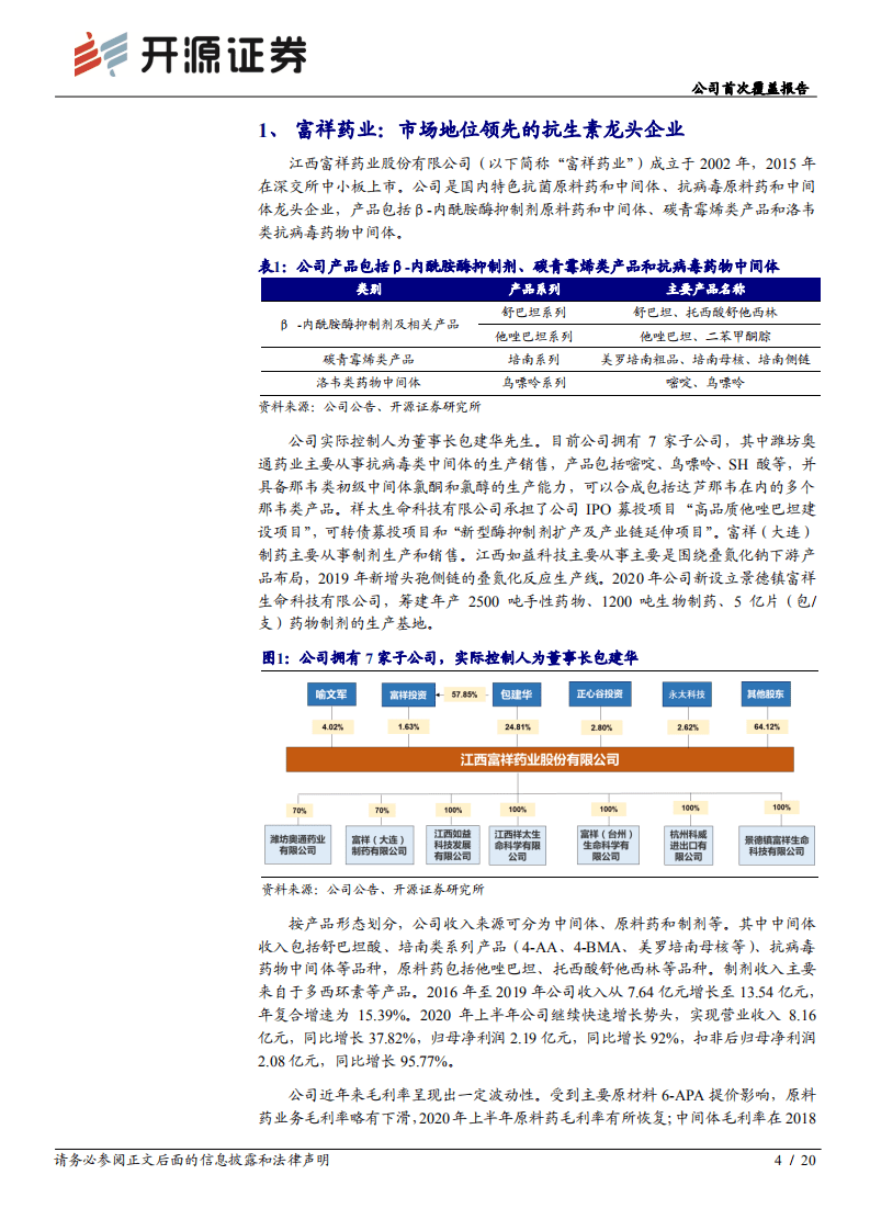 富祥药业-公司首次覆盖报告：&beta;~内酰胺酶抑制剂龙头企业，业务拓展增添新的成长动能-20200806.pdf 第4页