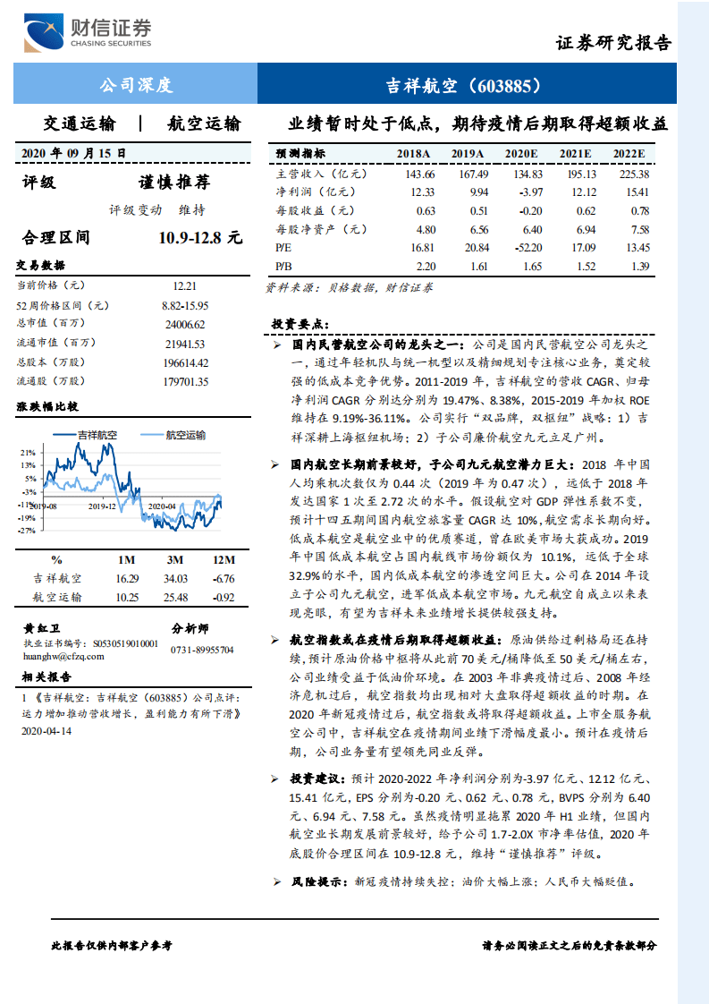 吉祥航空-业绩暂时处于低点，期待疫情后期取得超额收益-20200915.pdf 第1页