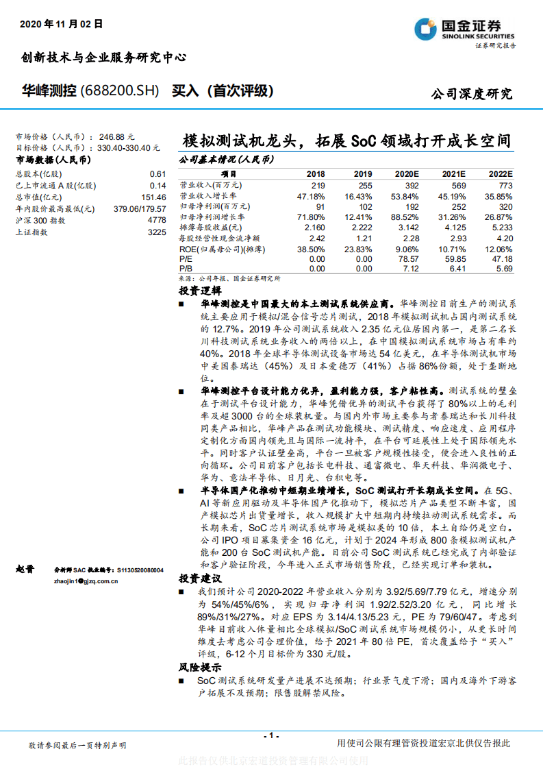 华峰测控-模拟测试机龙头，拓展SoC领域打开成长空间-20201102.pdf 第1页