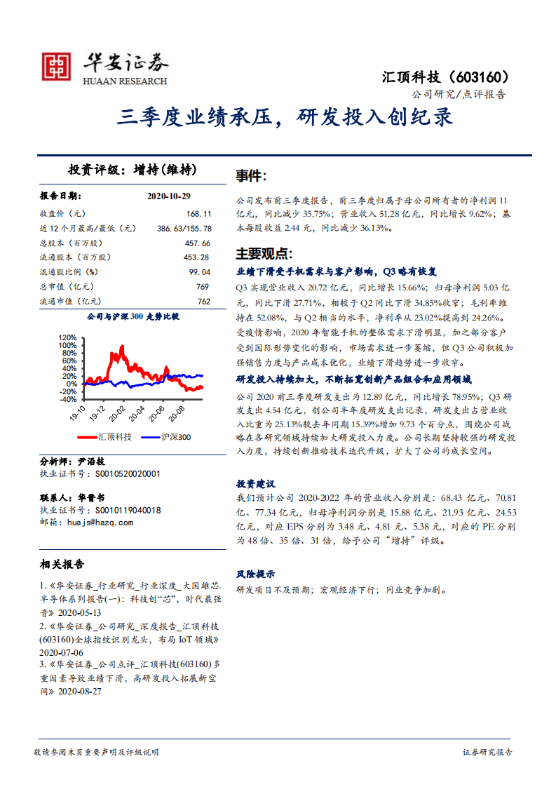 汇顶科技-三季度业绩承压，研发投入创纪录-20201029.pdf 第1页
