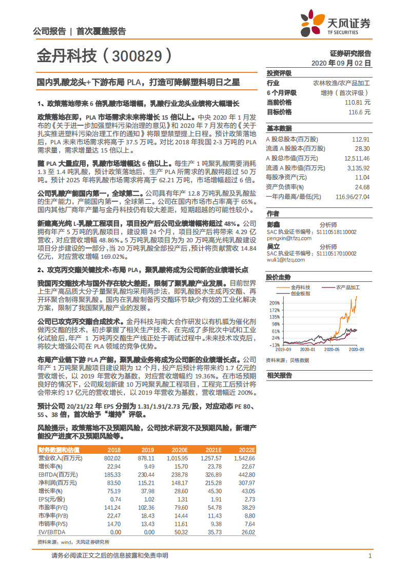 金丹科技-国内乳酸龙头+下游布局PLA，打造可降解塑料明日之星-20200902.pdf 第1页