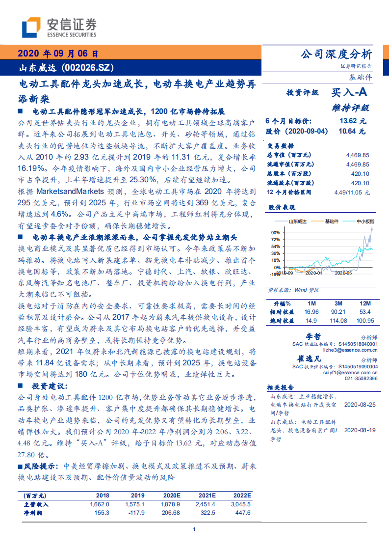 山东威达-电动工具配件龙头加速成长，电动车换电产业趋势再添新柴-20200906.pdf 第1页