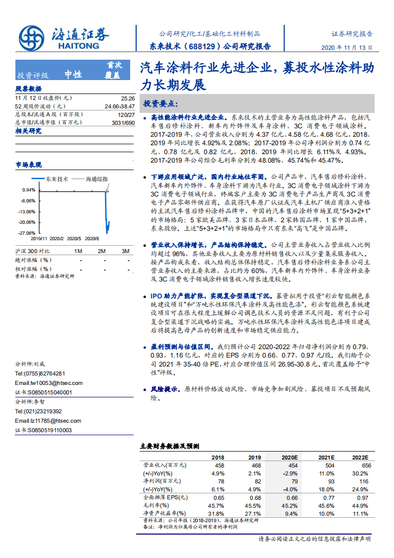 东来技术-公司研究报告：汽车涂料行业先进企业，募投水性涂料助力长期发展-20201113.pdf 第1页