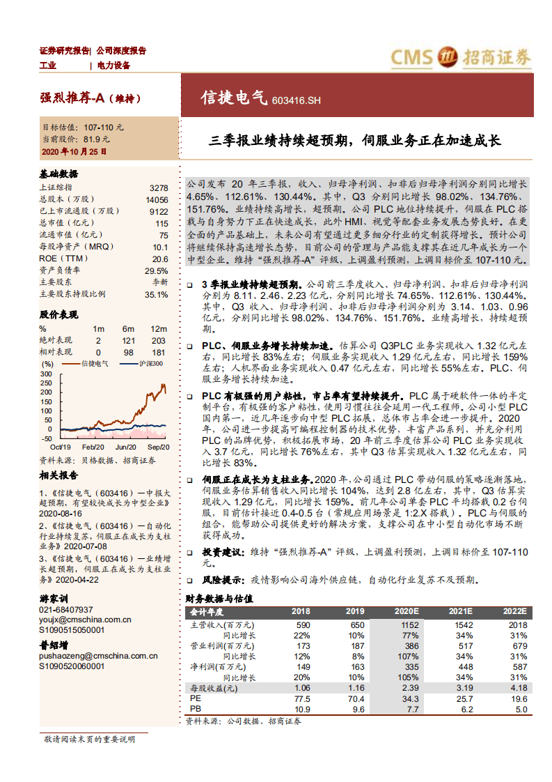 信捷电气-三季报业绩持续超预期，伺服业务正在加速成长-20201025.pdf 第1页