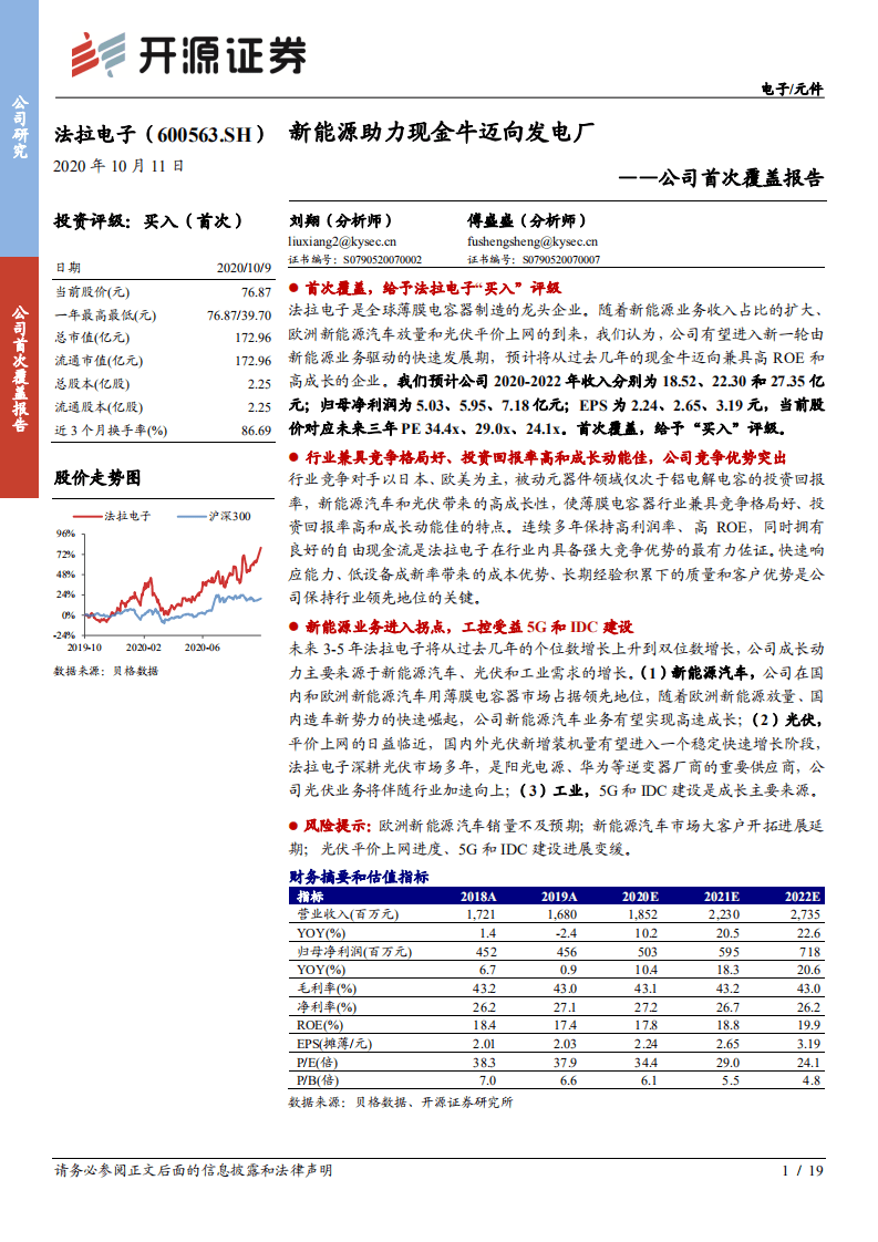 法拉电子-公司首次覆盖报告：新能源助力现金牛迈向发电厂-20201011.pdf 第1页