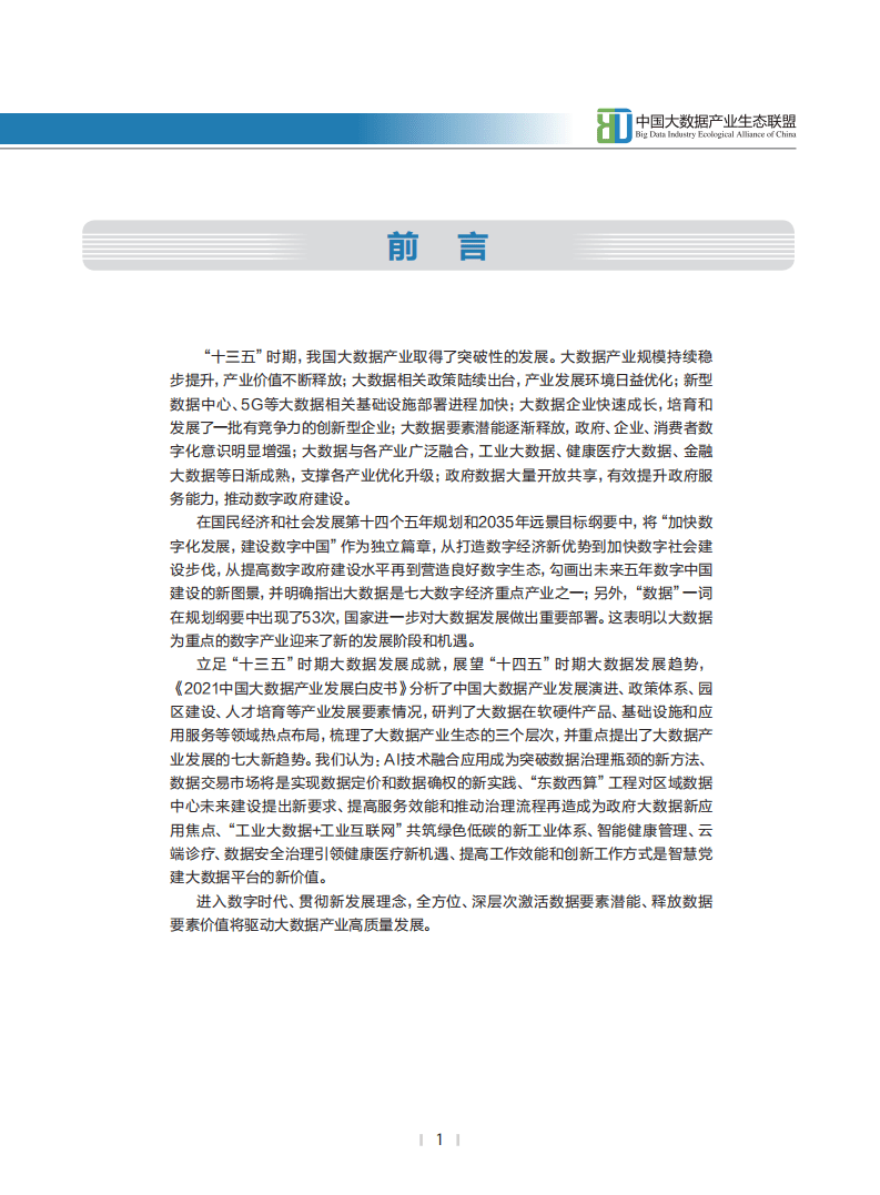 中国大数据产业生态联盟：2021中国大数据产业发展白皮书.pdf 第1页