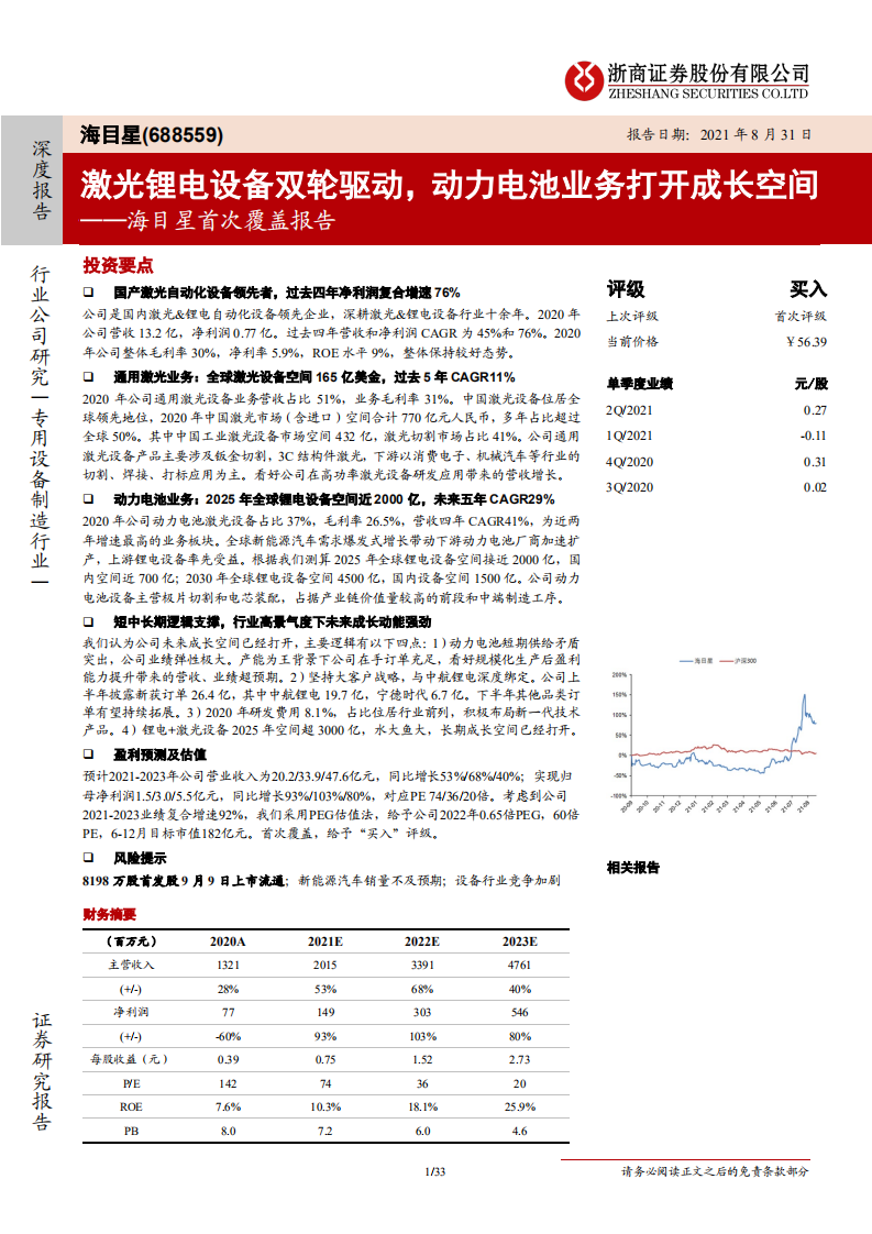 海目星-首次覆盖报告：激光锂电设备双轮驱动，动力电池业务打开成长空间-210831.pdf 第1页