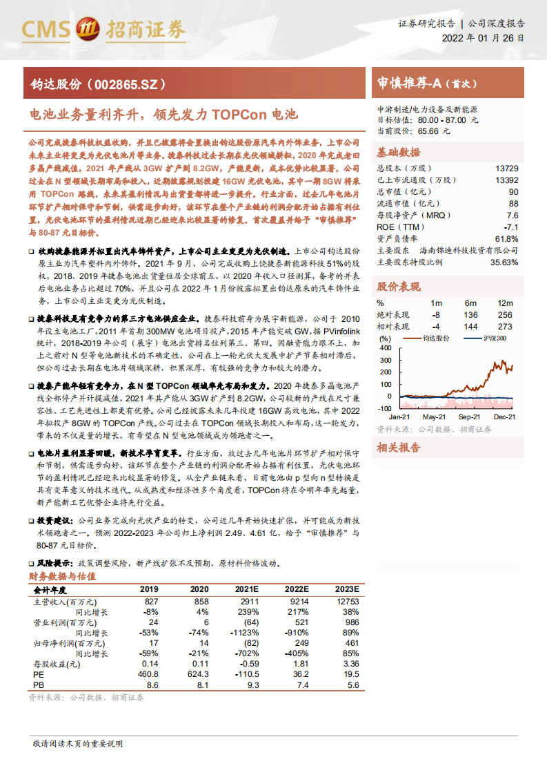 钧达股份-电池业务量利齐升，领先发力TOPCon电池-220126.pdf 第1页
