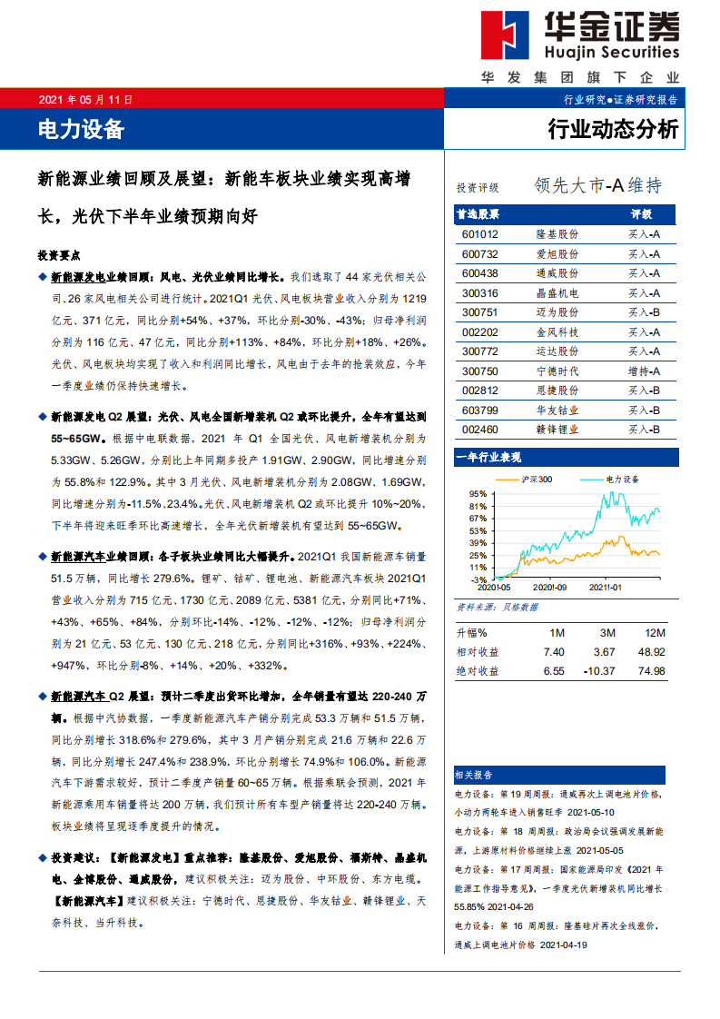 电力设备行业新能源业绩回顾及展望：新能车板块业绩实现高增长，光伏下半年业绩预期向好-210511.pdf 第1页