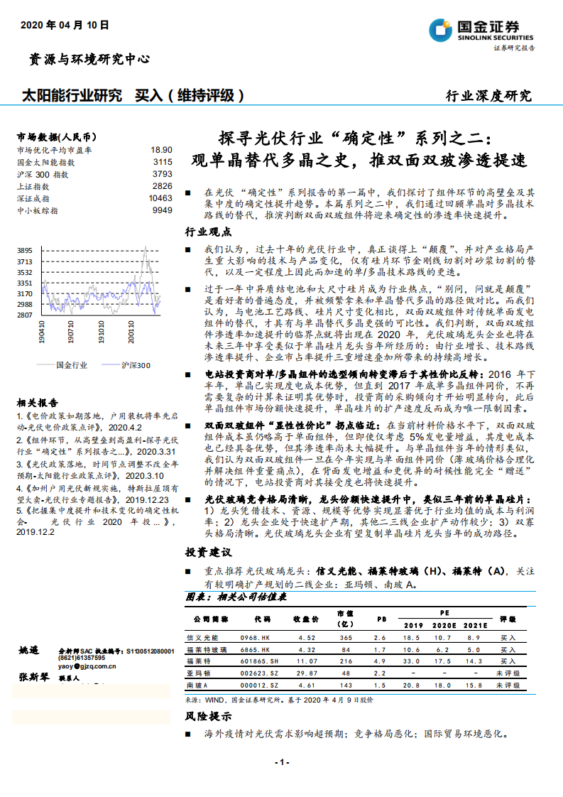 太阳能行业探寻光伏行业&ldquo;确定性&rdquo;系列之二：观单晶替代多晶之史，推双面双玻渗透提速-200410.pdf 第1页