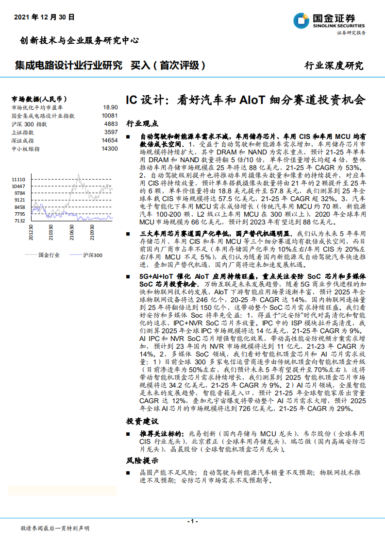 集成电路设计业行业IC设计：看好汽车和AIoT细分赛道投资机会-211230.pdf 第1页