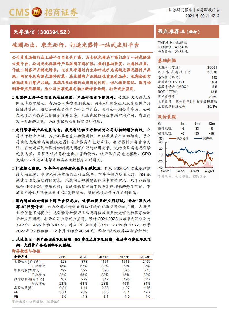 天孚通信-破圈而出，乘光而行，打造光器件一站式应用平台-210912.pdf 第1页