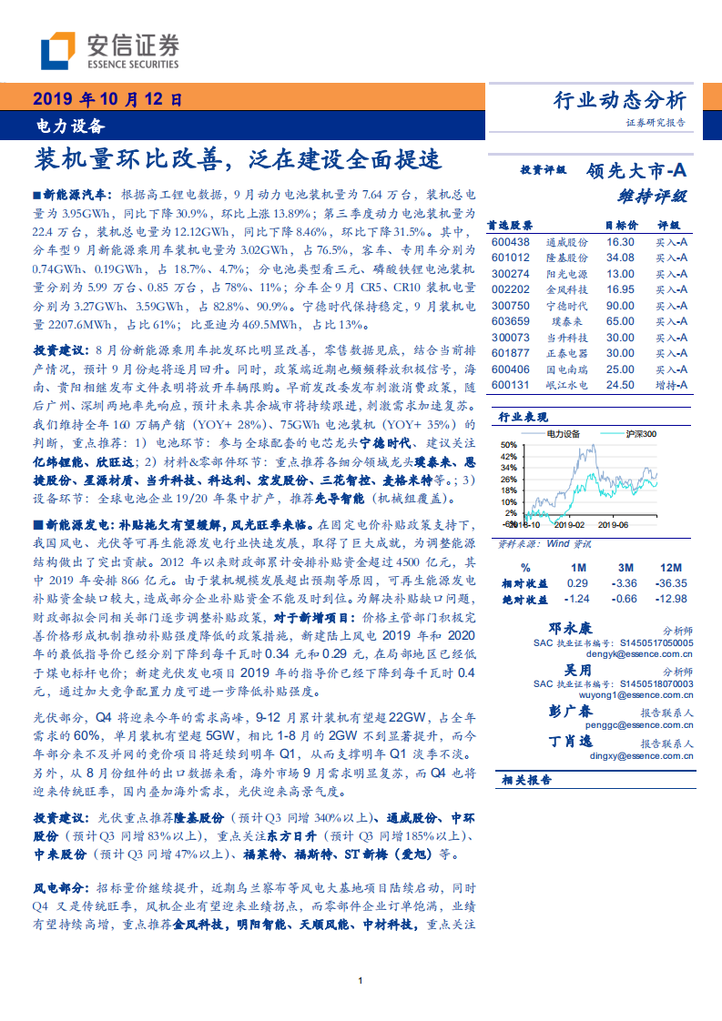 电力设备行业动态分析：装机量环比改善，泛在建设全面提速-191012.pdf 第1页