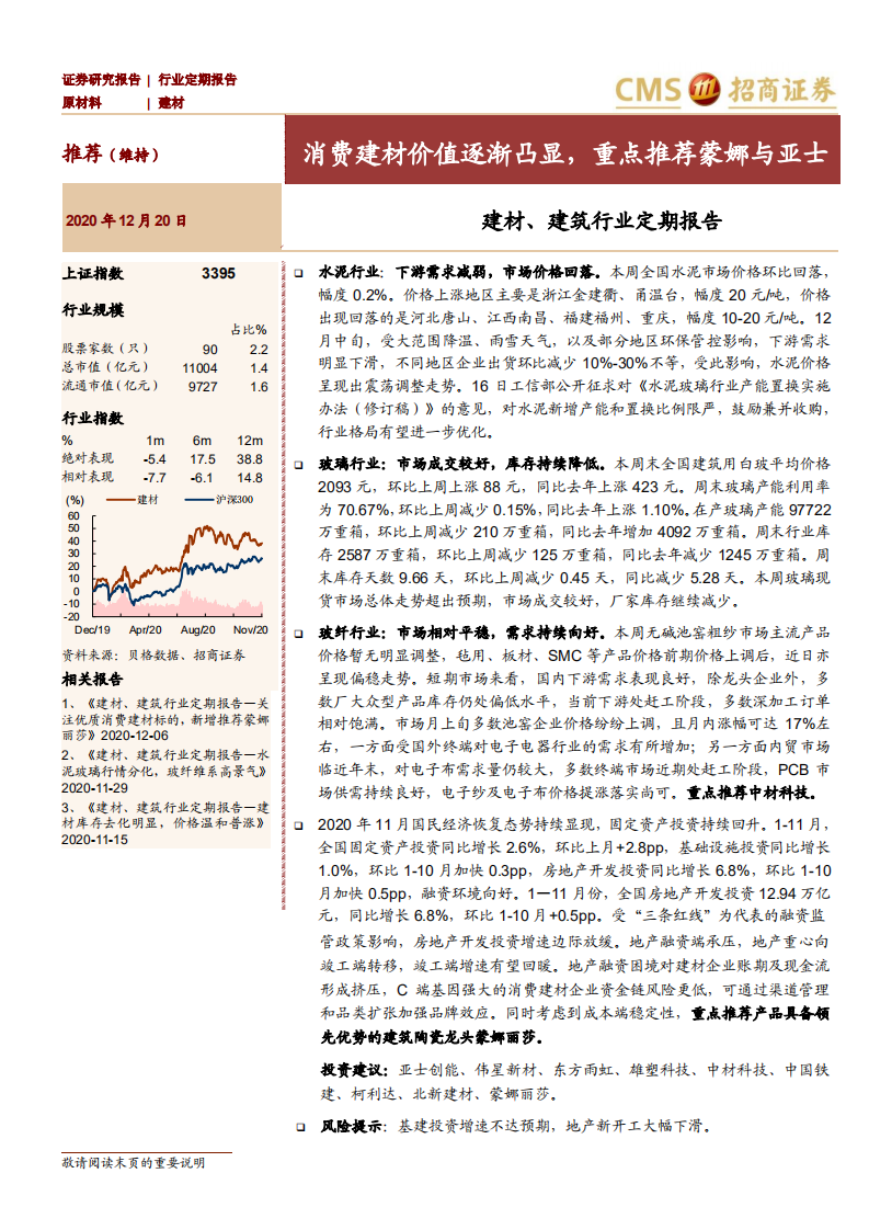 建材、建筑行业定期报告：消费建材价值逐渐凸显，重点推荐蒙娜与亚士-20201220.pdf 第1页