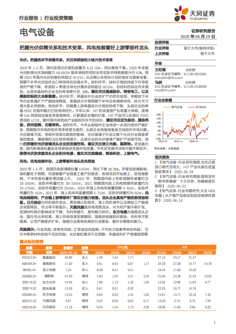 电气设备行业：把握光伏供需关系和技术变革，风电抢装看好上游零部件龙头-200629.pdf 第1页