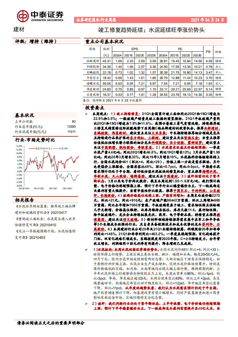 建材行业：竣工修复趋势延续；水泥延续旺季涨价势头-210424.pdf 第1页
