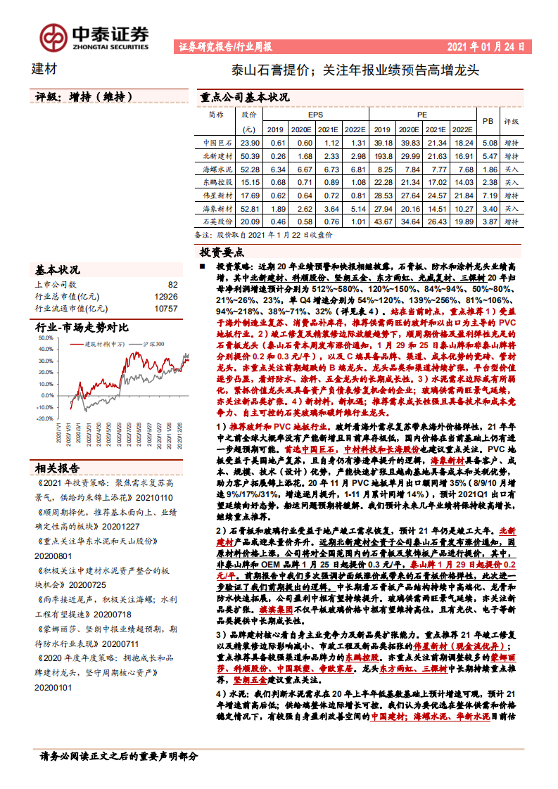 建材行业：泰山石膏提价；关注年报业绩预告高增龙头-210124.pdf 第1页