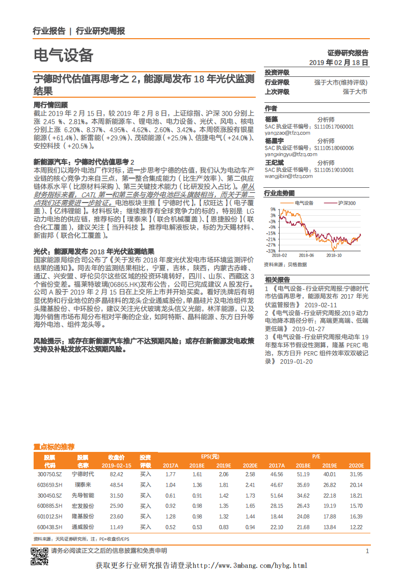 电气设备行业：宁德时代估值再思考之2，能源局发布18年光伏监测结果-190218.pdf 第1页