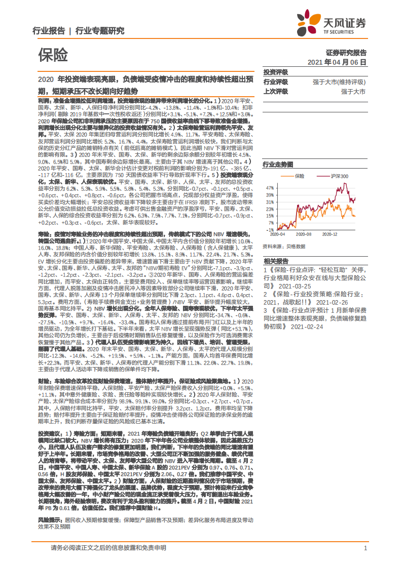 保险行业：2020年投资端表现亮眼，负债端受疫情冲击的程度和持续性超出预期，短期承压不改长期向好趋势-210406.pdf 第1页