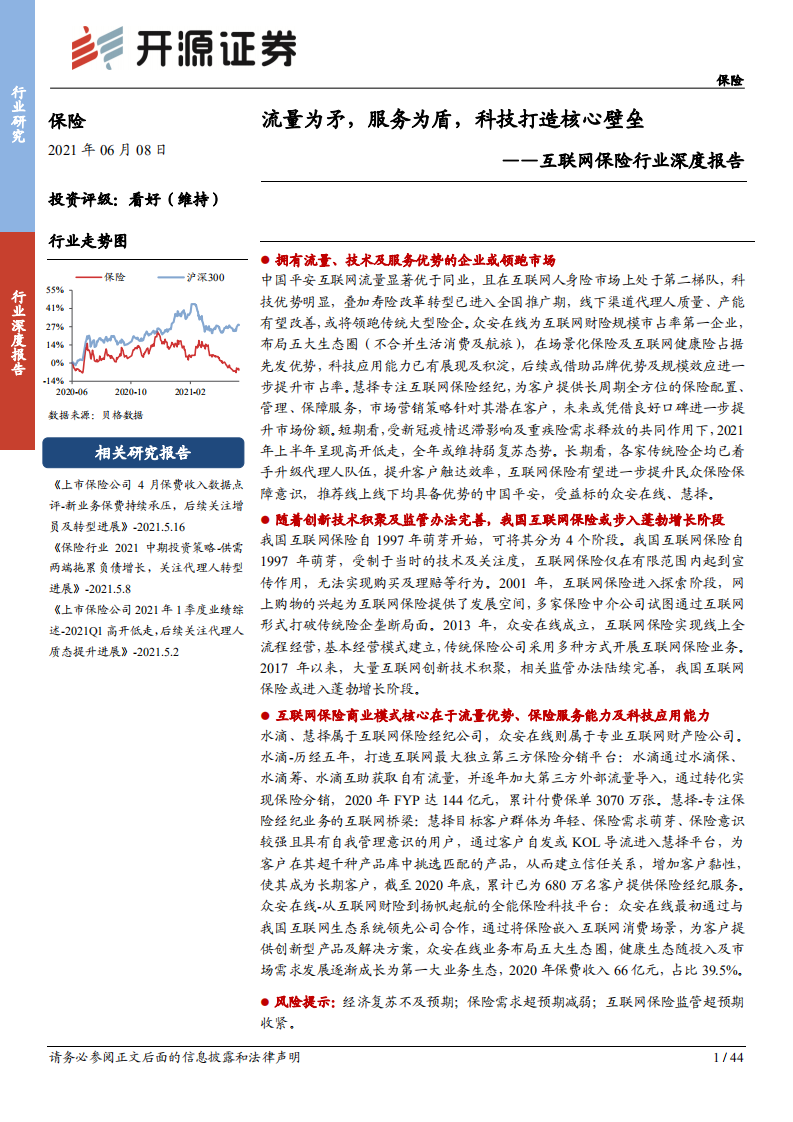 互联网保险行业深度报告：流量为矛，服务为盾，科技打造核心壁垒-210608.pdf 第1页