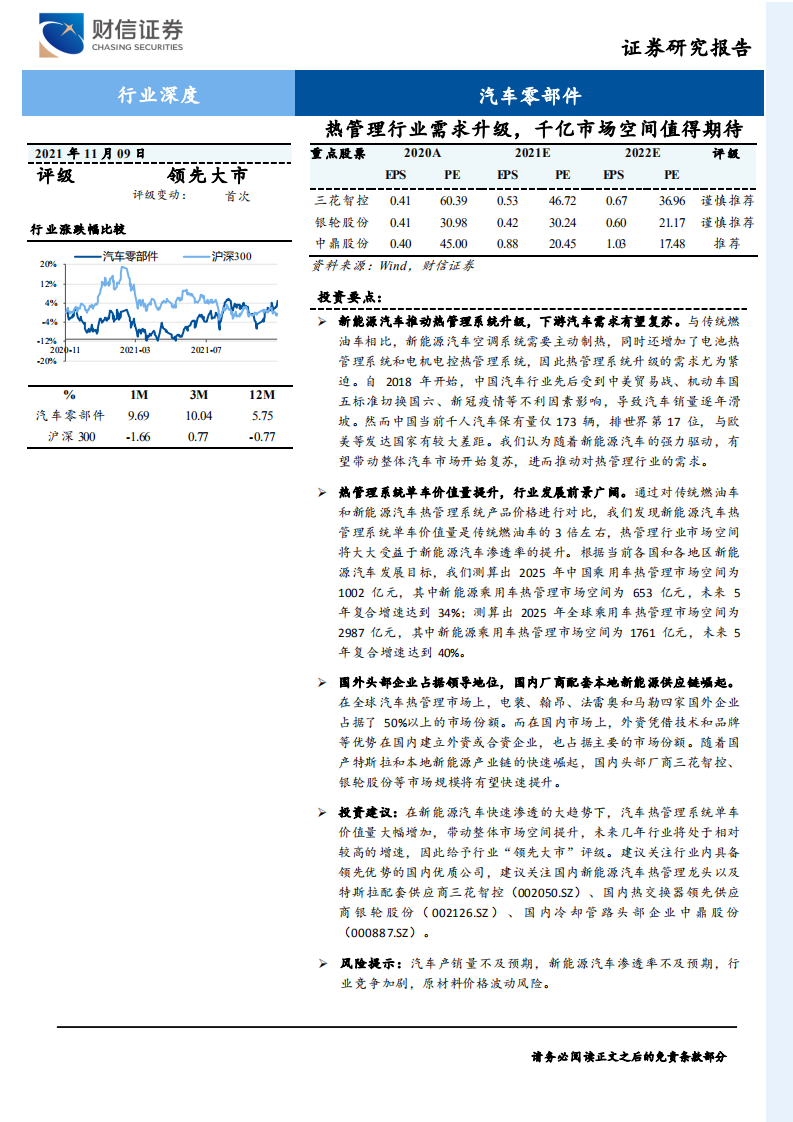 汽车零部件行业：热管理行业需求升级，千亿市场空间值得期待-211109.pdf 第1页