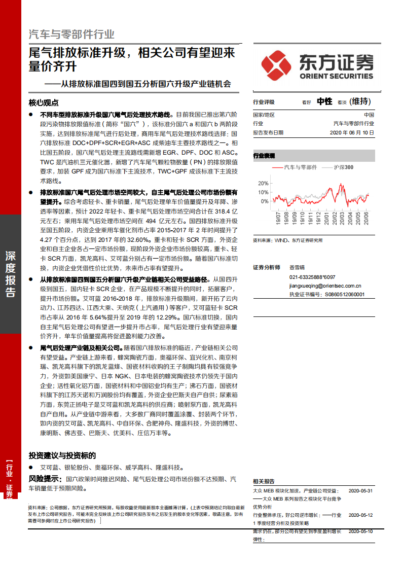汽车与零部件行业：尾气排放标准升级，相关公司有望迎来量价齐升，从排放标准国四到国五分析国六升级产业-200610.pdf 第1页