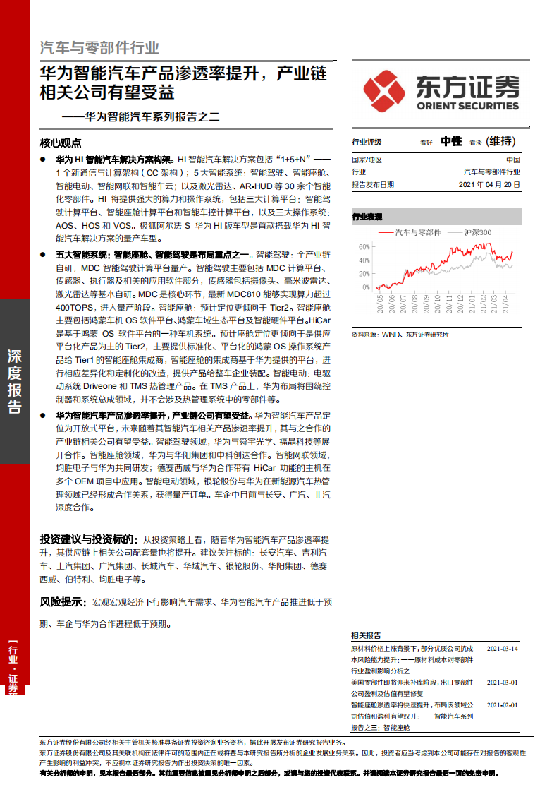 汽车与零部件行业华为智能汽车系列报告之二：华为智能汽车产品渗透率提升，产业链相关公司有望受益-210420.pdf 第1页