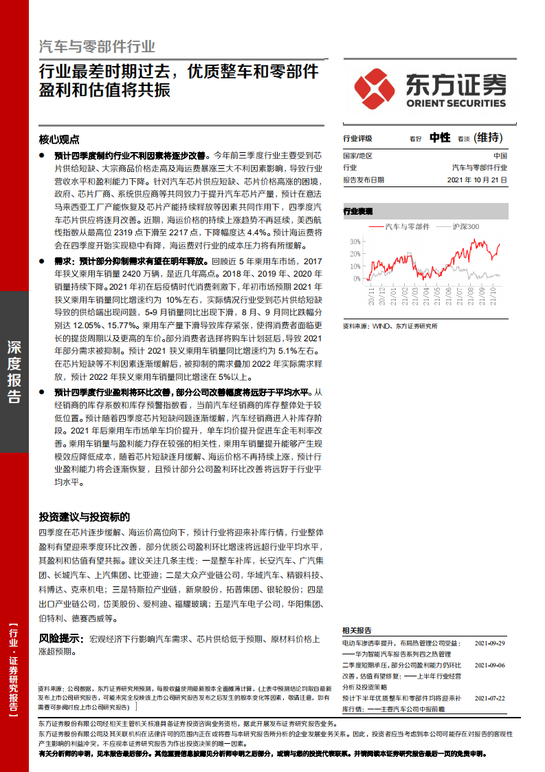 汽车与零部件行业深度报告：行业最差时期过去，优质整车和零部件盈利和估值将共振-20211021.pdf 第1页