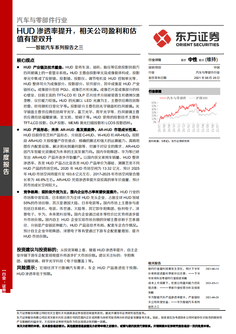 汽车与零部件行业智能汽车系列报告之三：HUD渗透率提升，相关公司盈利和估值有望双升-210626.pdf 第1页