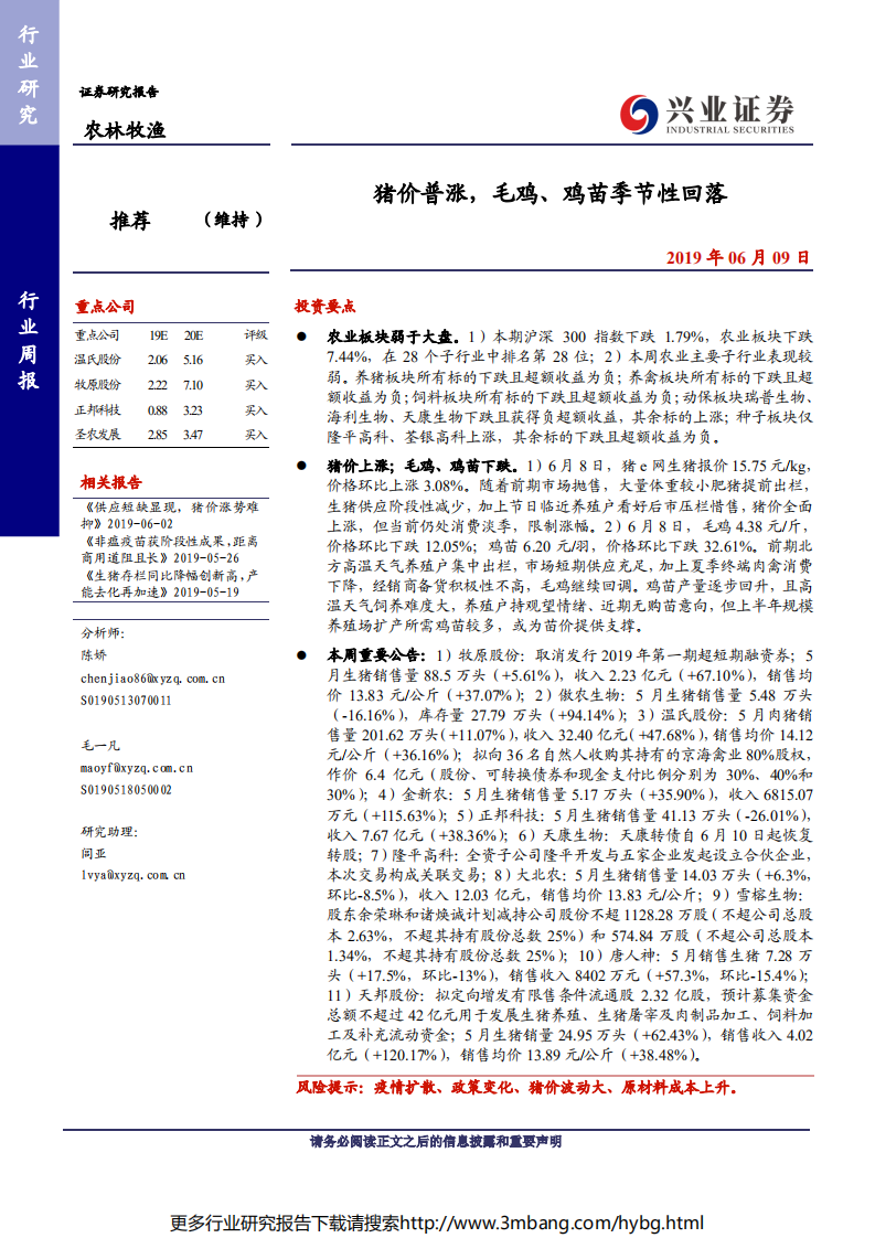 农林牧渔行业：猪价普涨，毛鸡、鸡苗季节性回落-190609.pdf 第1页