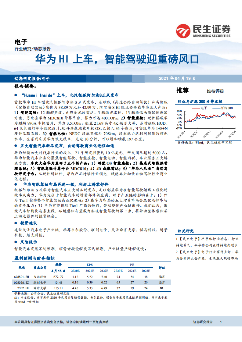 电子行业：华为HI上车，智能驾驶迎重磅风口-210419.pdf 第1页