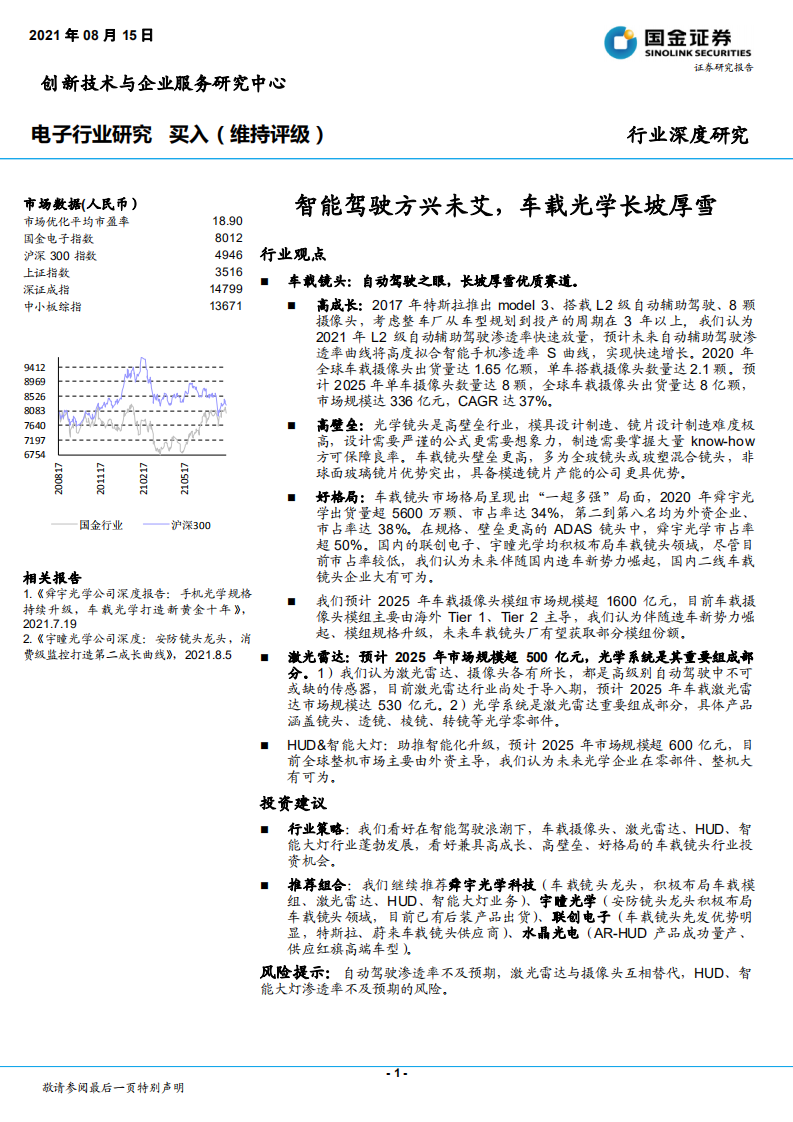 电子行业：智能驾驶方兴未艾，车载光学长坡厚雪-210815.pdf 第1页