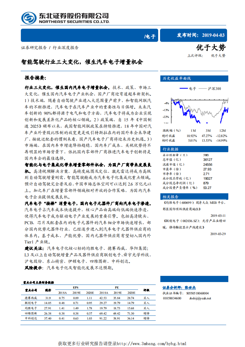 电子行业：智能驾驶行业三大变化，催生汽车电子增量机会-190403.pdf 第1页