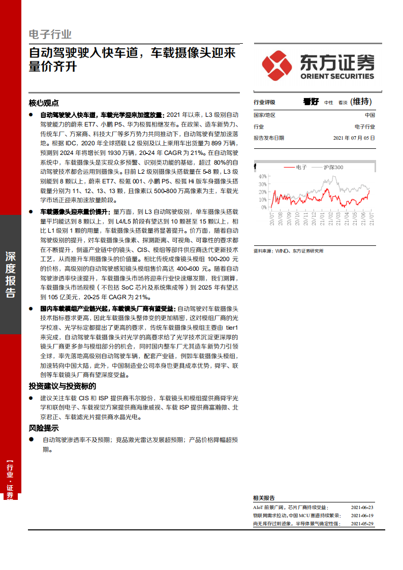 电子行业：自动驾驶驶入快车道，车载摄像头迎来 量价齐升-210705.pdf 第1页