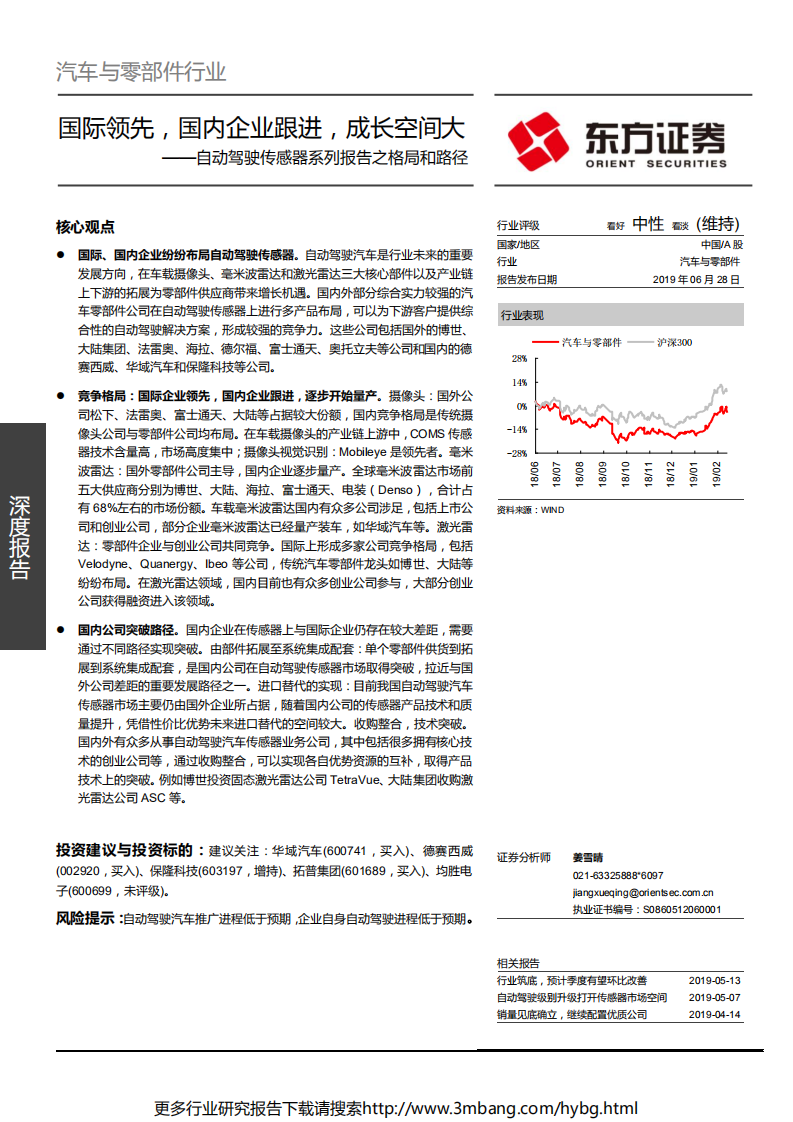 汽车与零部件行业自动驾驶传感器系列报告之格局和路径：国际领先，国内企业跟进，成长空间大-190628.pdf 第1页