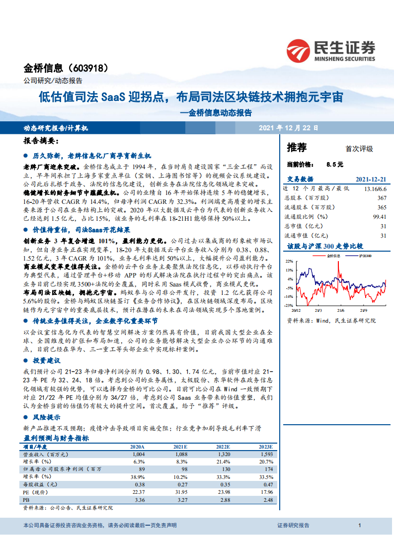 金桥信息-动态报告：低估值司法SaaS迎拐点，布局司法区块链技术拥抱元宇宙-20211222.pdf 第1页