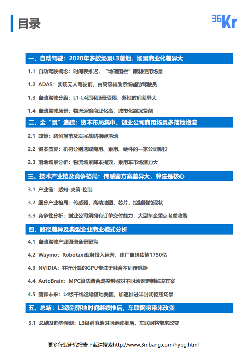 36氪：汽车行业自动驾驶专题行业研究：正视L3、L4级别落地时间表，算法型企业的关键一年-190624.pdf 第3页