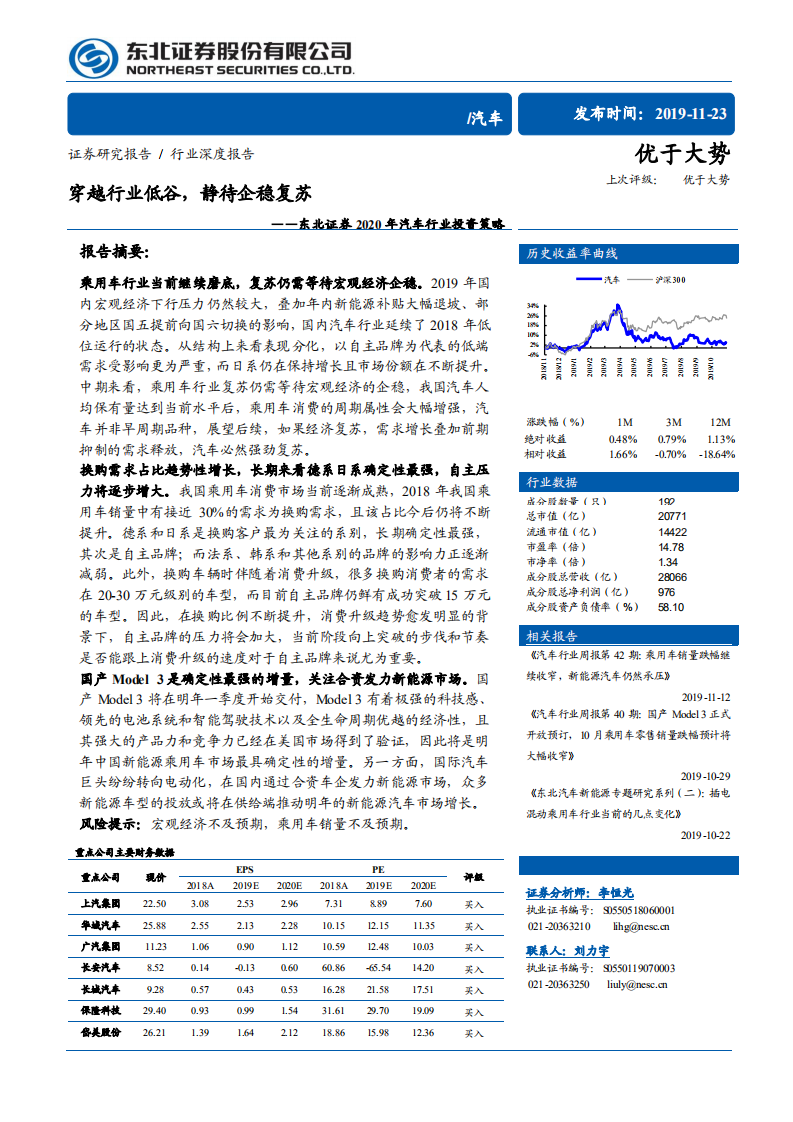 2020年汽车行业投资策略：穿越行业低谷，静待企稳复苏-191123.pdf 第1页