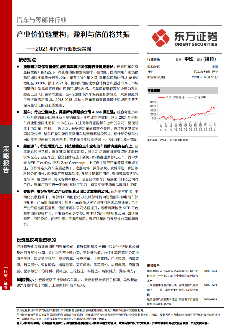 2021年汽车行业投资策略：产业价值链重构，盈利与估值将共振-20201218.pdf 第1页