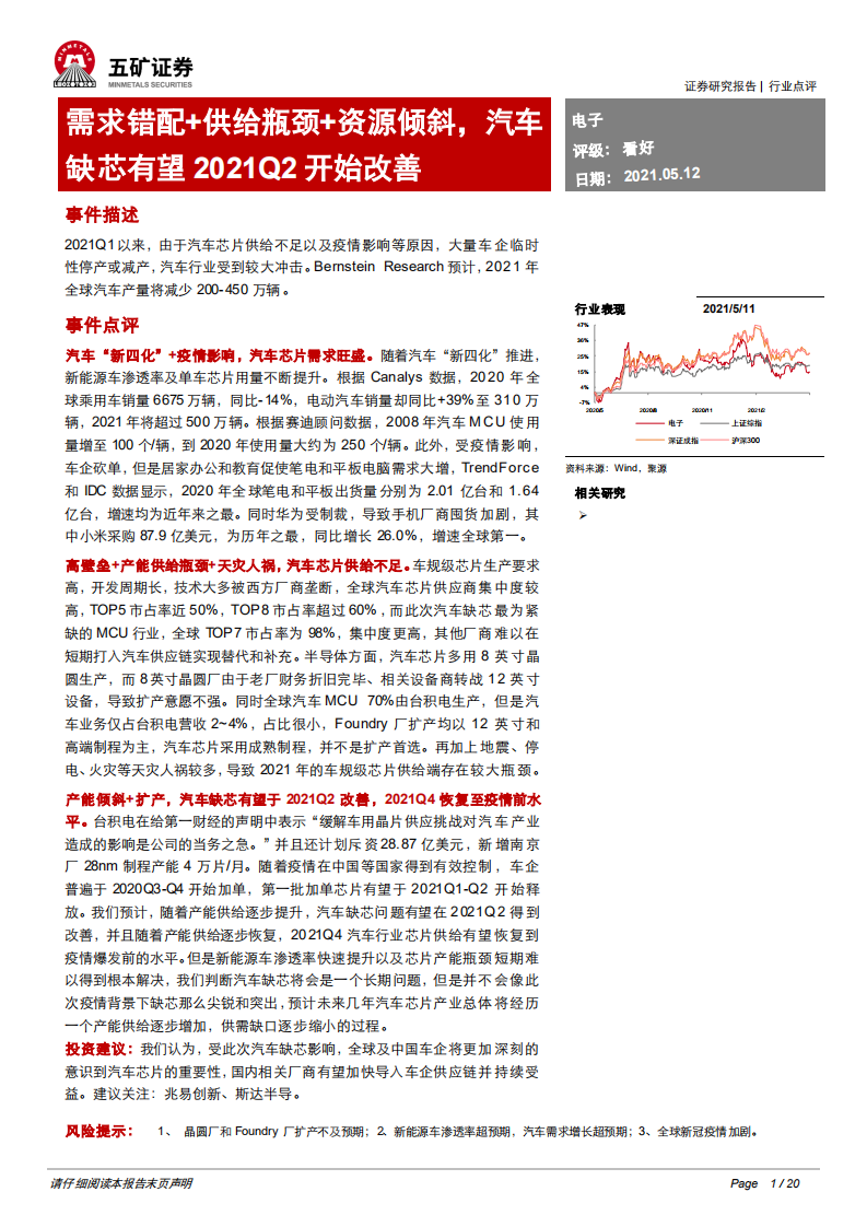 电子行业：需求错配+供给瓶颈+资源倾斜，汽车缺芯有望2021Q2开始改善-210512.pdf 第1页