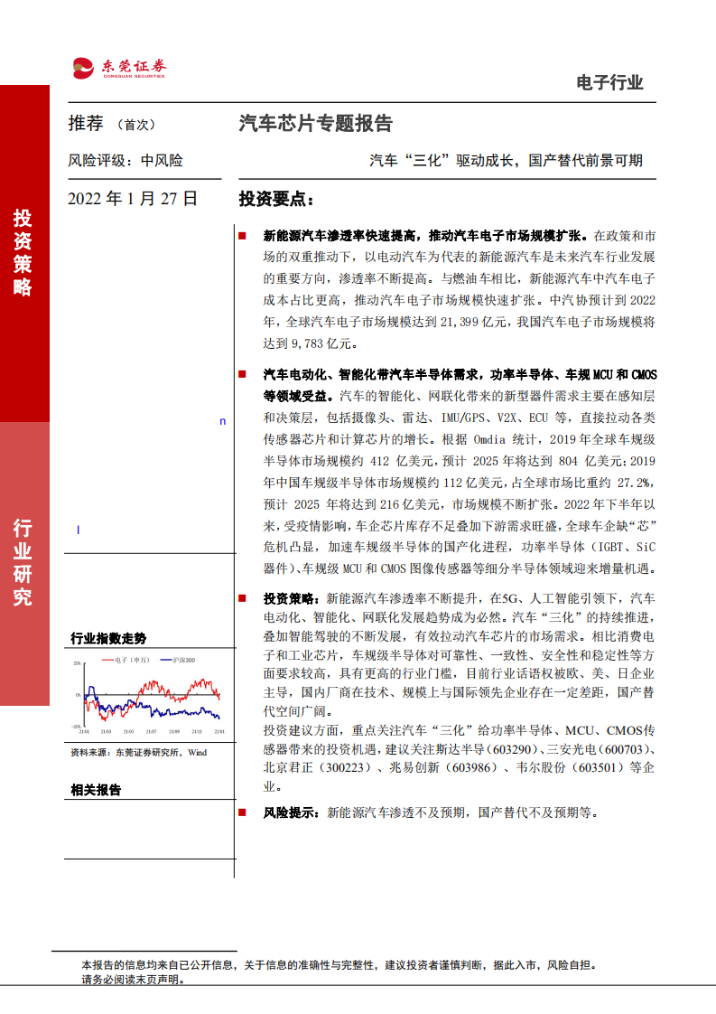 电子行业汽车芯片专题报告：汽车“三化”驱动成长，国产替代前景可期-220127.pdf 第1页